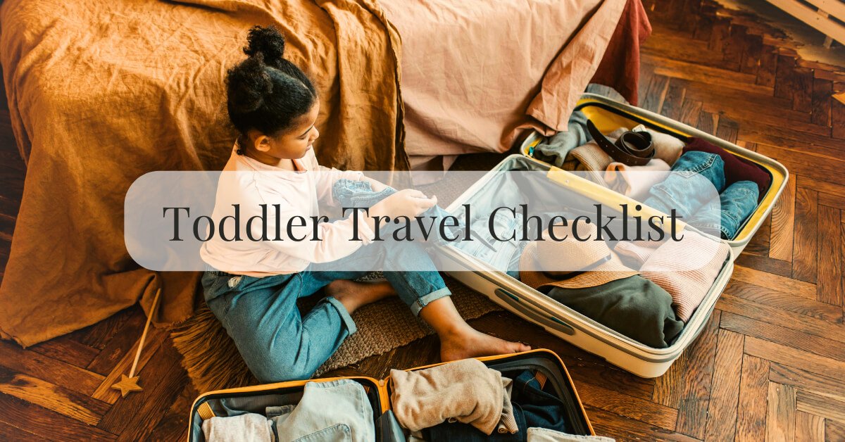 Toddler travel checklist image with toddler packing luggage